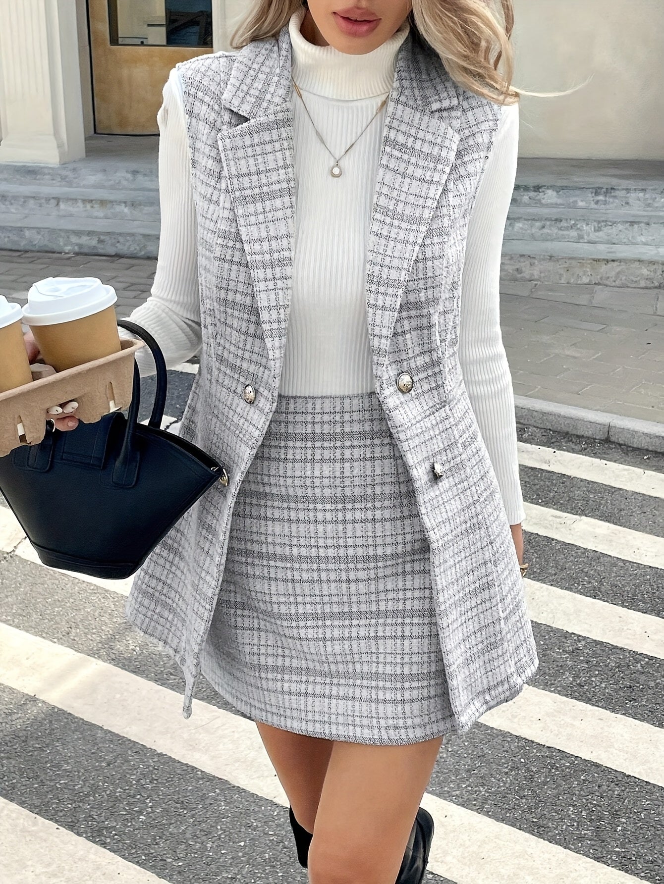 Elegant Plaid Vest Blazer & A-Line Skirt Set – Fall/Winter Chic