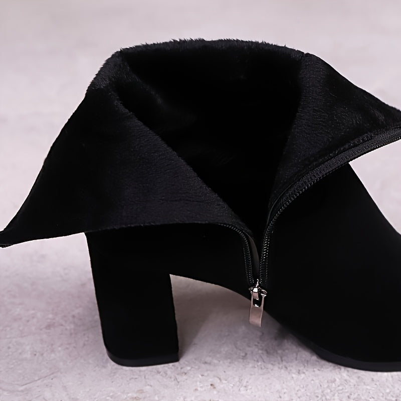 Women'S Chunky Heel Ankle Boots with Side Zipper - Pointed Toe Thick Heel Fabric Upper & Rubber Sole, Solid Color Versatile Booties for Casual & Formal Outfits, Easy On/Off Comfortable High Heel Boots, Formal Footwear, Sleek Boot Design, Durable Traction Footwear, Office Wear, Quality Construction, Stylish Ladies