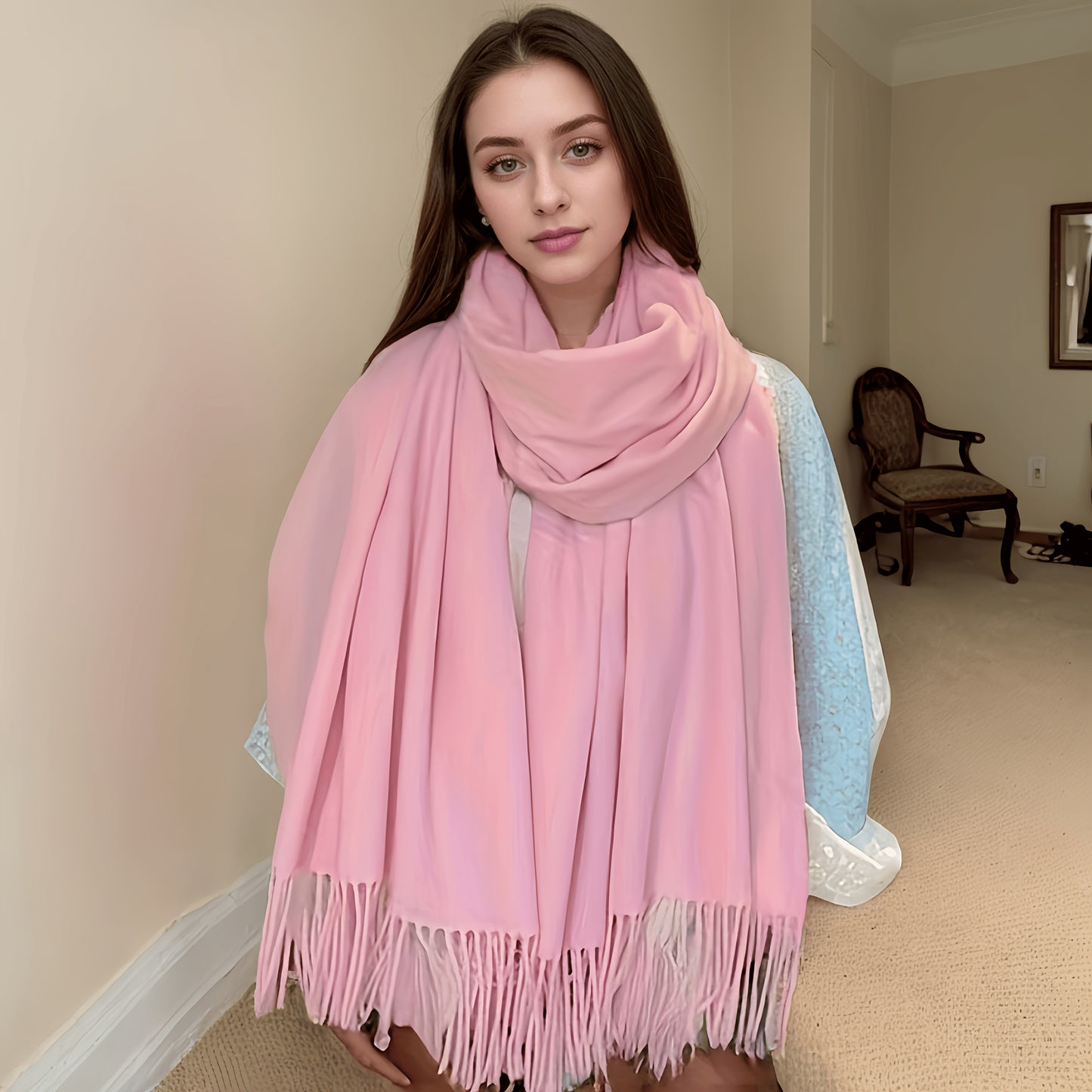 Lenço de Lã Macio e Confortável - Xale Escocês Bohemian Estiloso, Cor Sólida, Quente e à Prova de Vento, Lavável à Mão, Perfeito para Encontros Noturnos, Não Elástico - Presente Elegante!