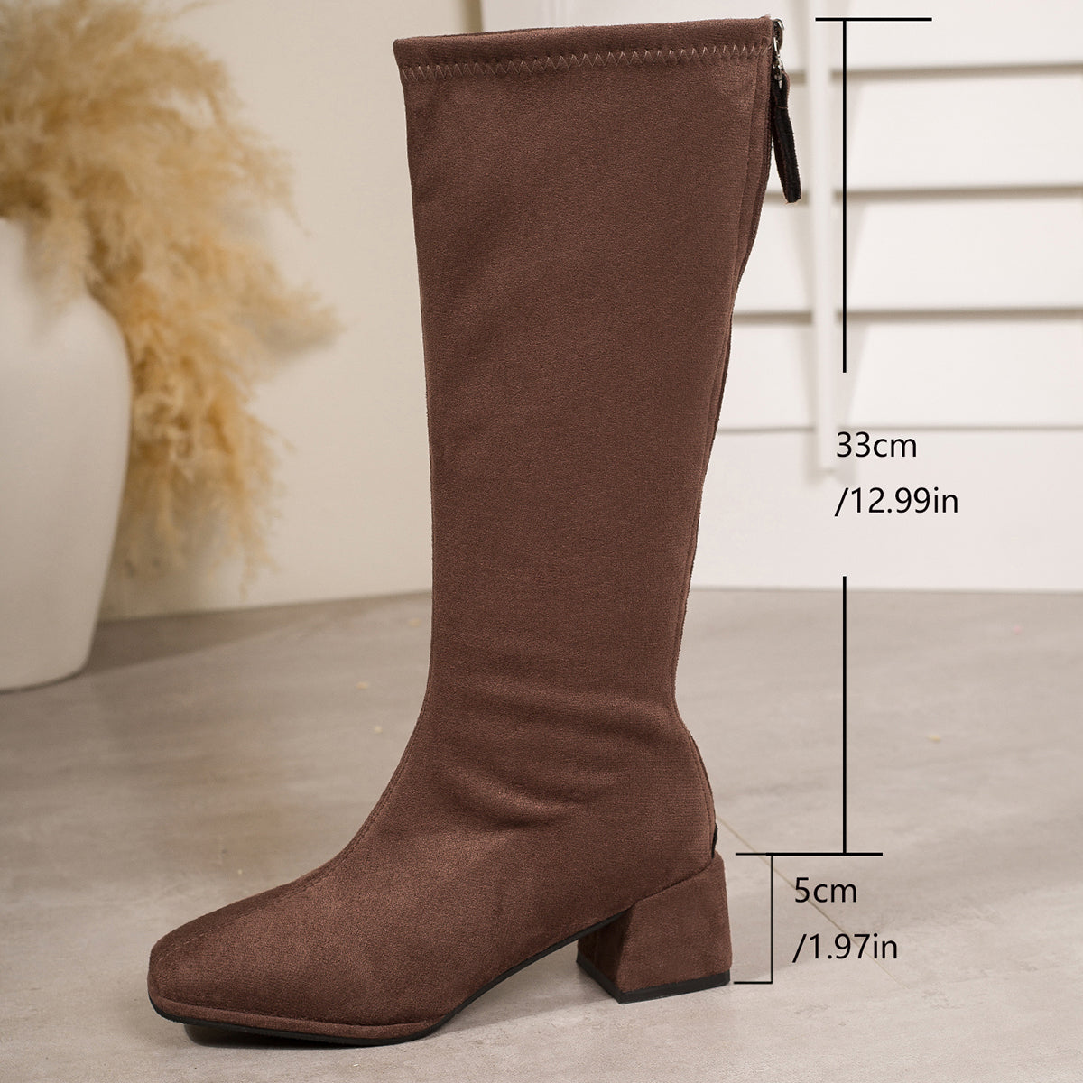 Women's Low Block Heel Chunky Round Toe Ankle Boots with Back Zipper - Elastic Slim-Fit Knee-High Booties, Black All-Season Casual & Dress Boots, Round-to-Pointed Tip (No Removal) for Jeans/Pants/Skirts