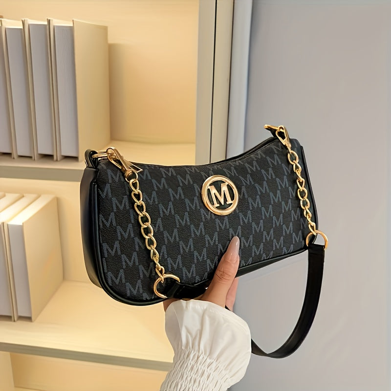 French Vintage Underarm Bag for Women, New Letter Print Crossbody Small Square Bag with Chain Strap, Perfect Lily Adjustable Crossbody Bag with M Logo - Zipper Closure Shoulder Bag, Suitable for Daily Commuting and Casual Outings, Light Brown/White/Black, Multifunctional Handbag, Fashion Accessory, Elegant Women'S Shopping Halloween, Christmas Gift, Handbag, Women'S Small Wallet, Fashionable Women Bags