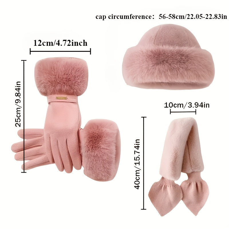 Conjunto de acessórios de inverno para mulheres, 3 peças, luvas de fleece espessas, lenço e chapéu, adequado para o tempo frio e atividades ao ar livre, para todas as estações, leve, ajustado, fecho de fivela, tecido, apenas lavagem à mão, acessórios de inverno | Luvas de fleece | Chapéu de fleece, roupas de inverno