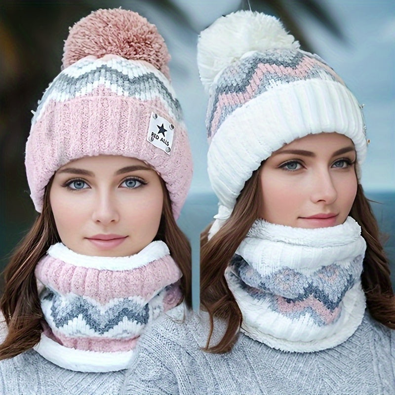 2pcs Conjunto de Chapéu e Cachecol de Inverno para Mulheres - Decoração de Estrelas Chapéu Listrado em Rosa e Branco Fleece Macio Bege/Rosa/Branco/Cinza/Preto, Ajuste Elástico, Forro de Fleece Confortável, Adequado para Esqui, Ciclismo, Clima Frio Diário - Chapéu Multifuncional, Conjunto de Cachecol de Inverno, Chapéu de Inverno para Mulheres, Conjunto de Chapéu e Cachecol, Chapéus de Outono/Inverno para Mulheres