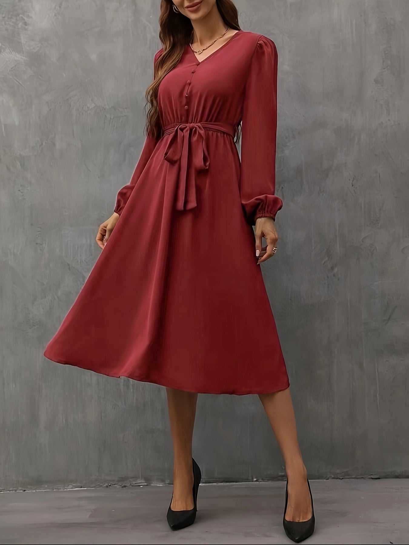 Women'S French Vintage Burgundy V-Neck Dress with Ruffled Sleeves & Waist Tie - Elegant A-Line Party Wedding Guest Dress, Flattering Fit for Christmas Gala