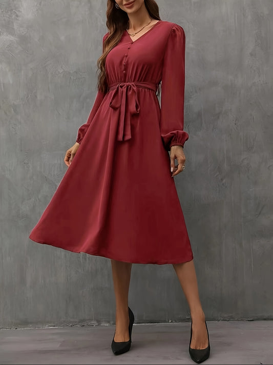 Women'S French Vintage Burgundy V-Neck Dress with Ruffled Sleeves & Waist Tie - Elegant A-Line Party Wedding Guest Dress, Flattering Fit for Christmas Gala