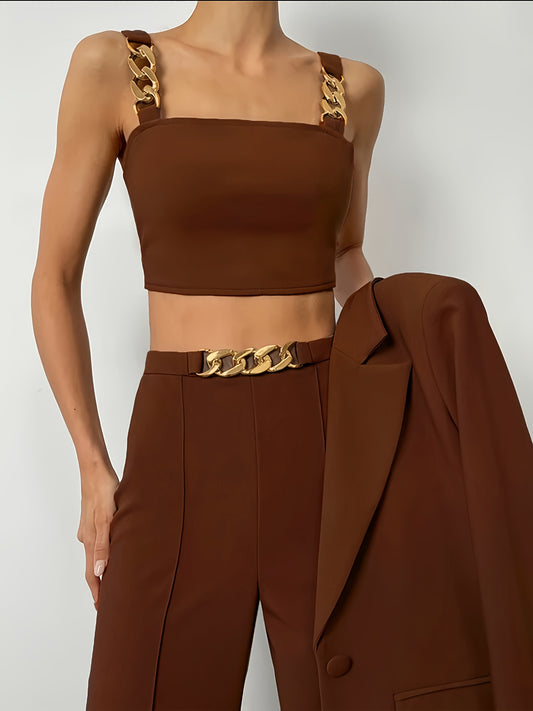 Women'S Elegant Black Two-Piece Wear Set - Crop Top with Golden Chain Straps & High-Waisted Pants, Urban Style, All-Season Comfort, Wear|Chain Accent Top|Comfortable Fit