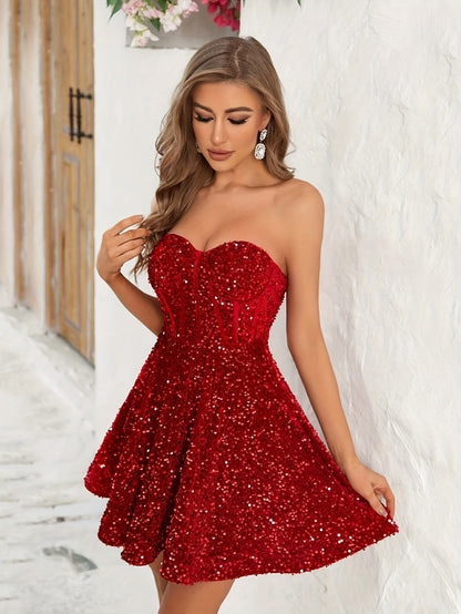 Vestido de Festa Feminino Sexy - Vestido Formal com Lantejoulas Vermelhas Brilhantes, Lavável à Máquina para Eventos e Noites Festivas, Traje Bodycon Estiloso, Detalhes Modernos, Moda para Amantes da Elegância