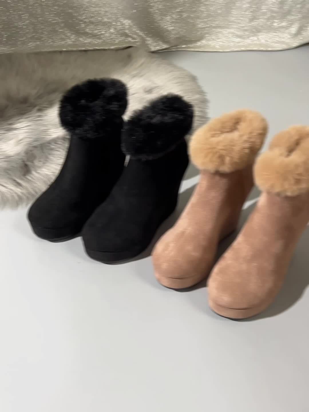 Women'S Winter Ankle Boots with Plush Lining - Cozy Fleece-Lined Round Toe Mid-Heel Zipper Closure, Soft Fabric Upper & Rubber Sole