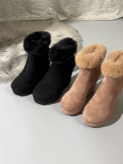 Women'S Winter Ankle Boots with Plush Lining - Cozy Fleece-Lined Round Toe Mid-Heel Zipper Closure, Soft Fabric Upper & Rubber Sole