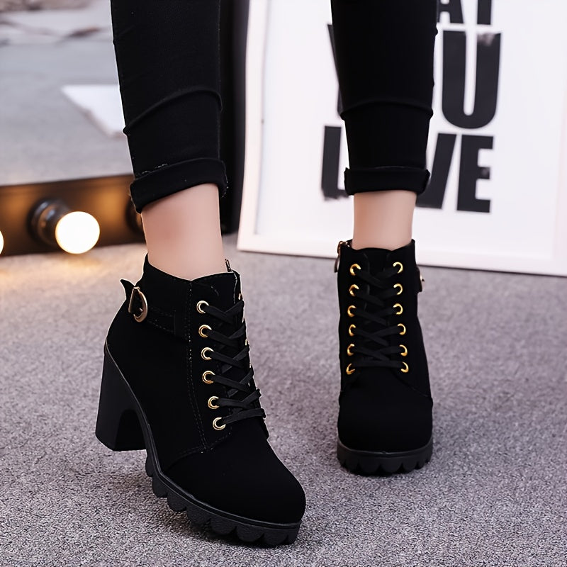 Women's Elegant Faux Cover Chunky High-Heel Ankle Boots with Golden Buckle & Zipper Closure - Round Toe PU Cover Upper, All-Season Black Boots with Golden Hardware for Casual & Formal Events, Office, Parties - Comfortable & Durable Everyday Boots, Chunky Boots for Women, Woman High Heels Boots, Lightweight Boots for Women Plus Size, Boots with Heels, Wide Width Boots for Women
