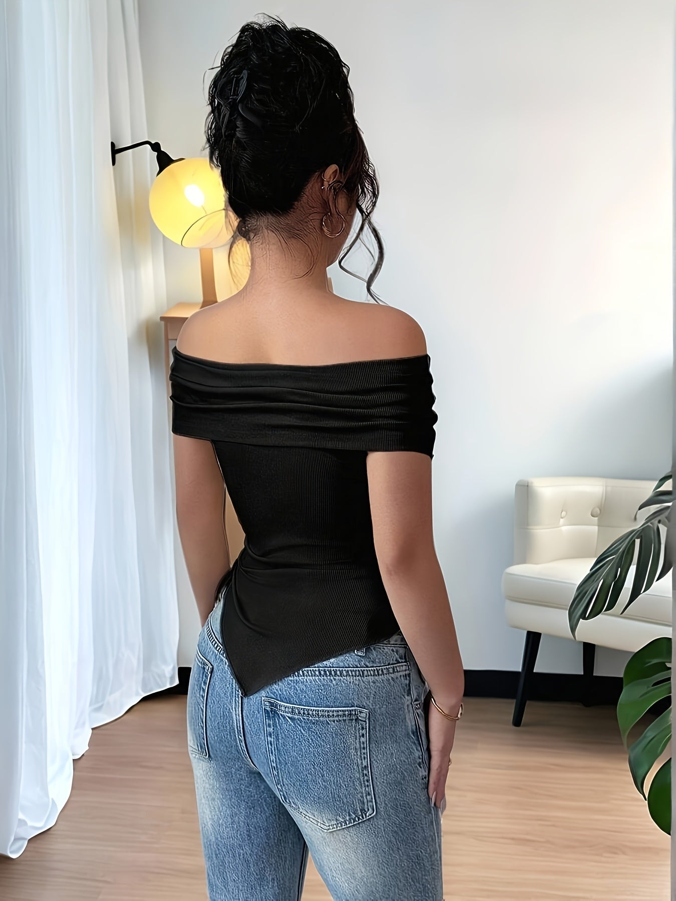 Women's Y2K Asymmetrical Hem Off-Shoulder Top - Slim Fit Fitted Blouse with Deep & Square Neckline, Machine Washable All-Season Tunic for Casual to Formal Outfits (Solid Black) - Versatile Everyday & Special Occasion Blouse with Asymmetrical Hemline & Fitted Silhouette, Chic Y2K Style for Layering or Standalone Wear, Womens Tops And Blouses, Womens Tops, Ladies Tops And Blouses, Ladies Tops, Trending Clothes For Women, Women Tops, Summer Tops For Women