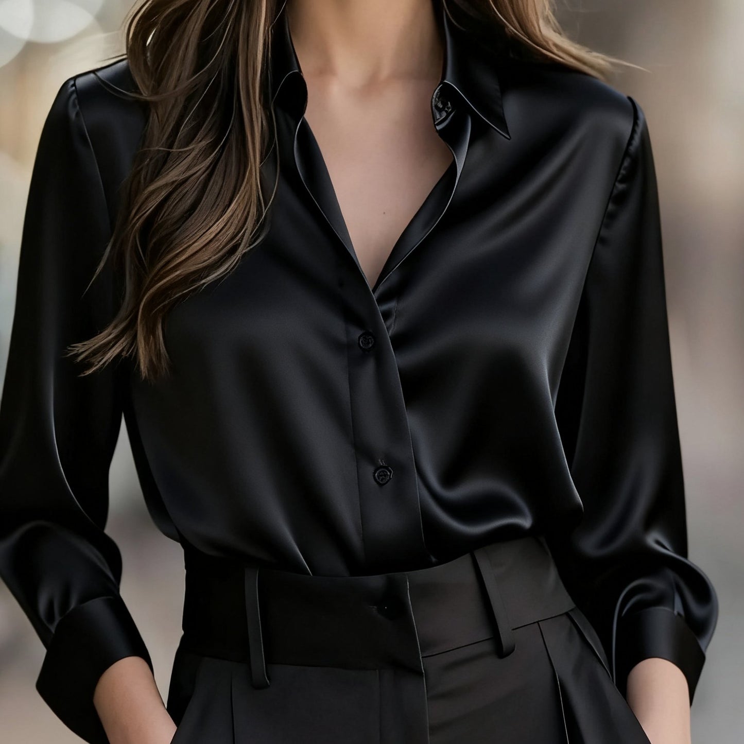 Elegant Satin Blouse - V-Neck Long Sleeve Top