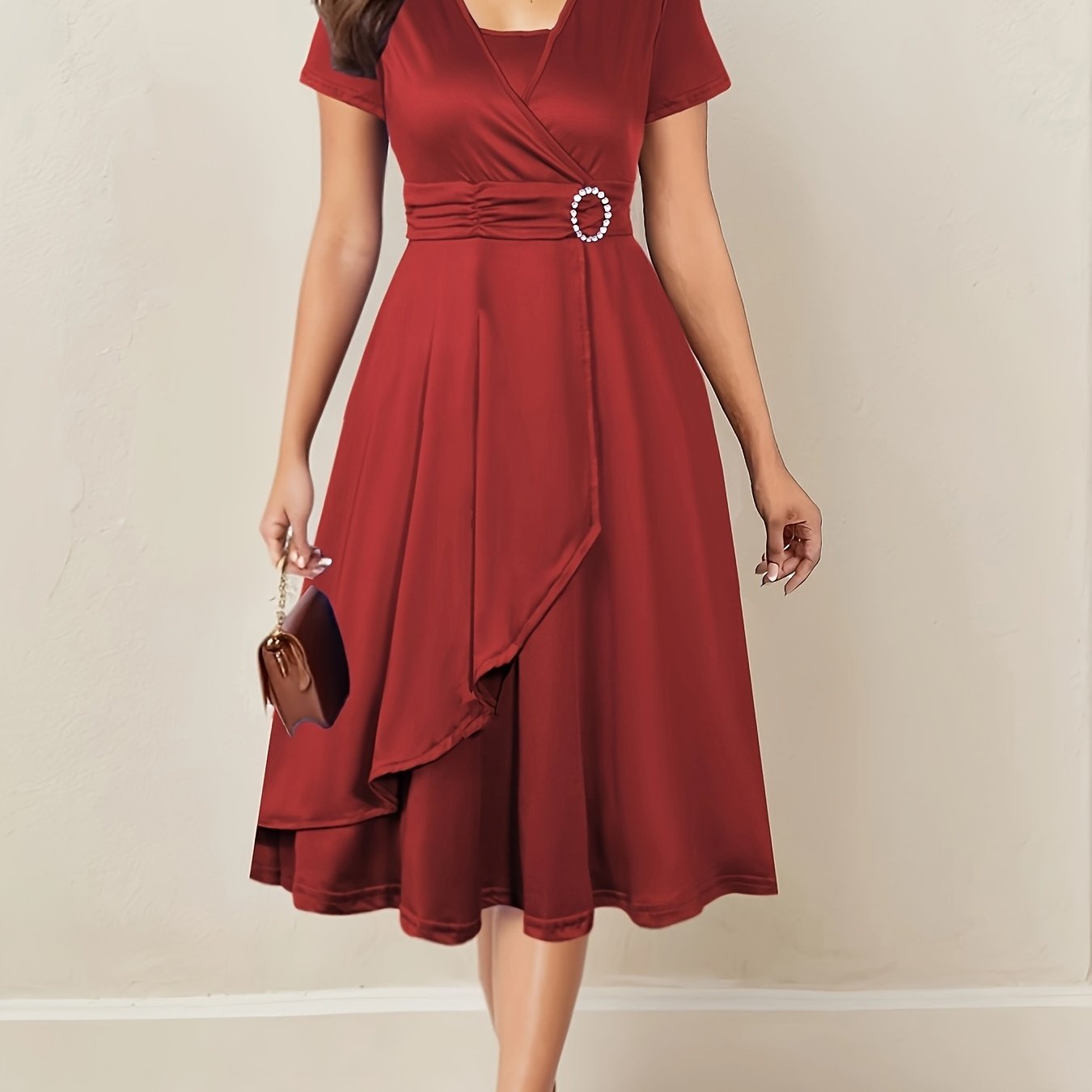 Elegant V-Neck Dress with Asymmetric Waist and Rhinestones