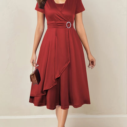 Elegant V-Neck Dress with Asymmetric Waist and Rhinestones