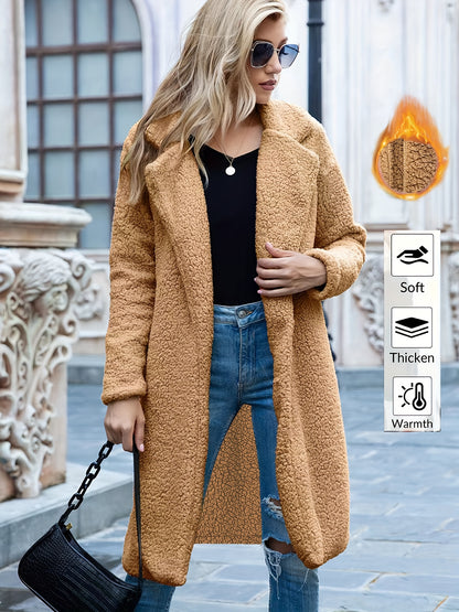 Casaco Elegante de Pelúcia para Mulheres - Jaqueta de Inverno Extra-Longa com Forro de Pelúcia, Camada Externa Macia e Quente, Casaco de Inverno Lavável à Máquina para Outono e Inverno, Bege/Preto/Marrom/Cinza/Azul/Vermelho/Branco/Verde/Roxo/Laranja/Rosa/Amarelo - Casaco Longo de Cor Sólida para Mulheres, Jaqueta de Pelúcia Luxuosa para Clima Frio, Roupa de Inverno Chique e Quente, Adequado para Camadas, Casacos de Inverno Elegantes para Mulheres, Jaqueta com Forro de Fleece