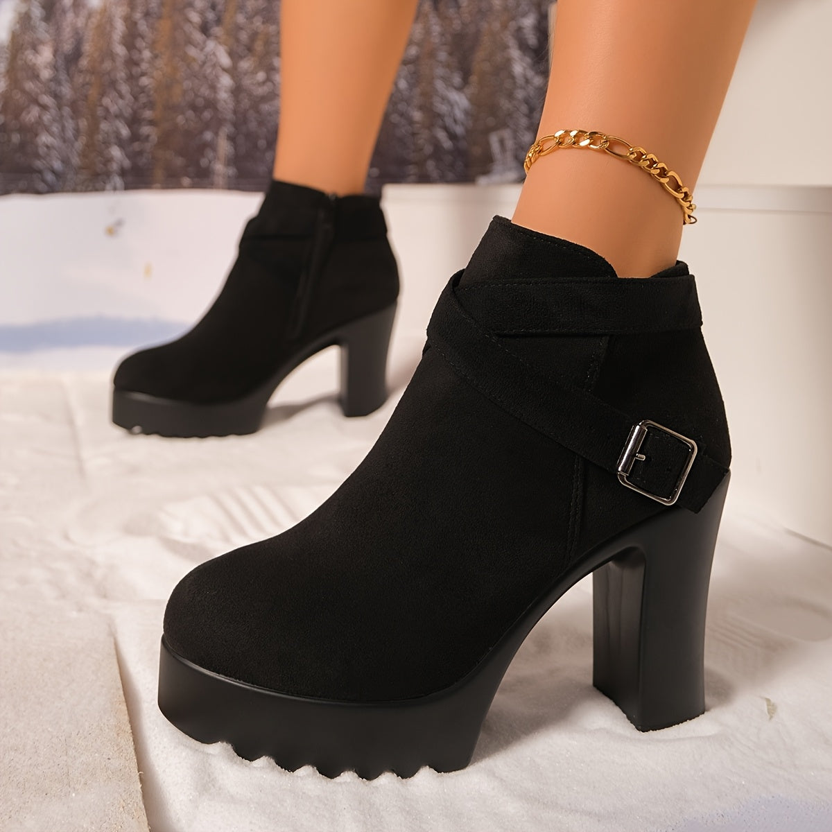 Spicy Black Buckle Chunky Heel Ankle Boots, The Party-Stealing Boots! Black Thick-Sole High Heels with Metal Buckle, Runs Small One Size