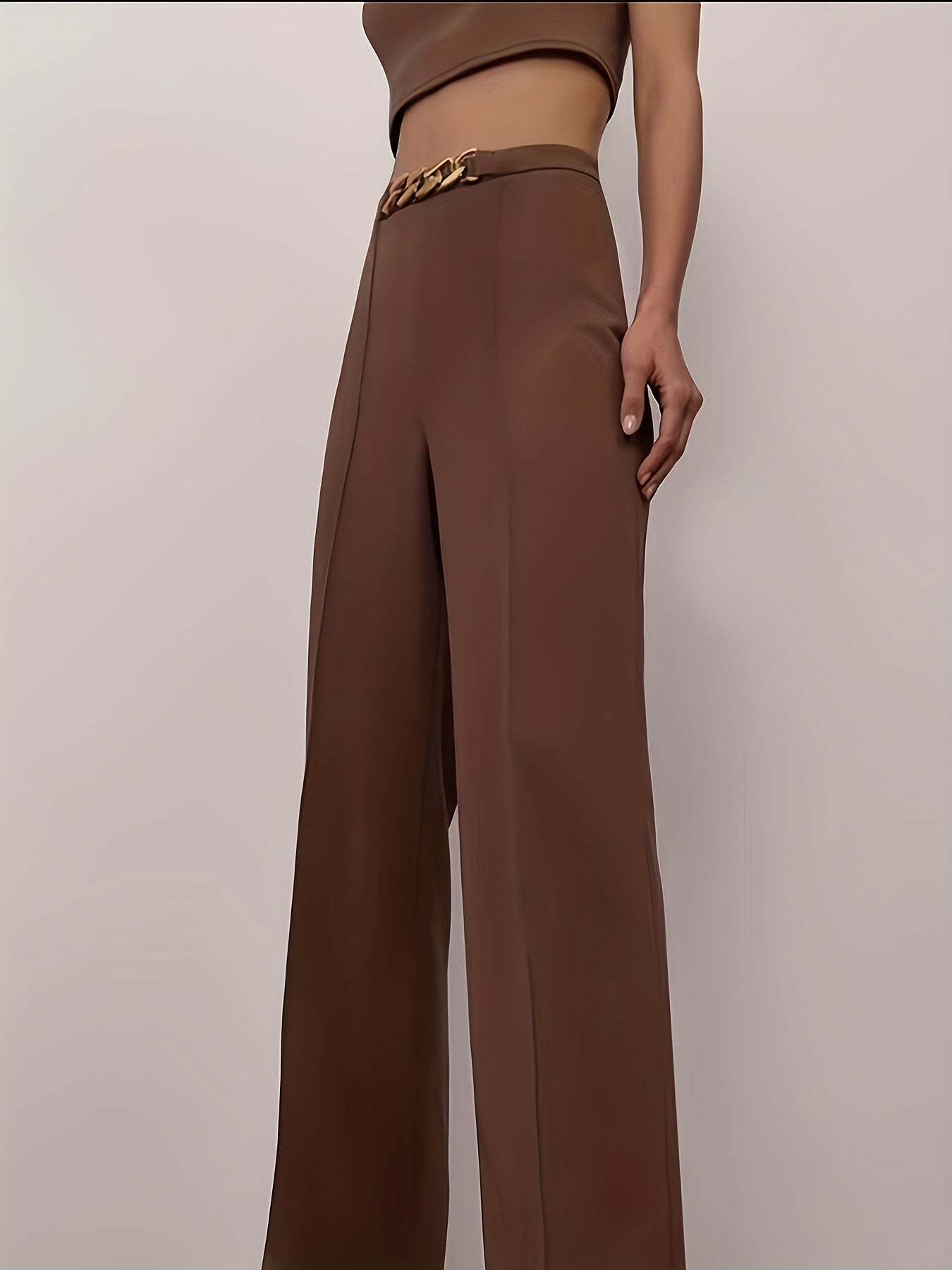 Women'S Elegant Black Two-Piece Wear Set - Crop Top with Golden Chain Straps & High-Waisted Pants, Urban Style, All-Season Comfort, Wear|Chain Accent Top|Comfortable Fit