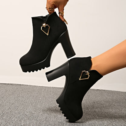 Vintage Style Platform High Heel Ankle Boots with Metal Heart Decoration, Fashionable Versatile Sweet-Cool High Heels, Thick Platform Chunky Heel, Metal Heart Buckle, Convenient Zipper Design, Runs Small One Size