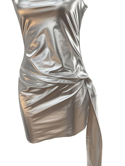 Women'S Sexy Bodycon Dress, Solid Color Knit Polyester 100%, Side Tie-up Detail, Collarless, Spring/Summer Fashion, 100g/m² Fabric Weight