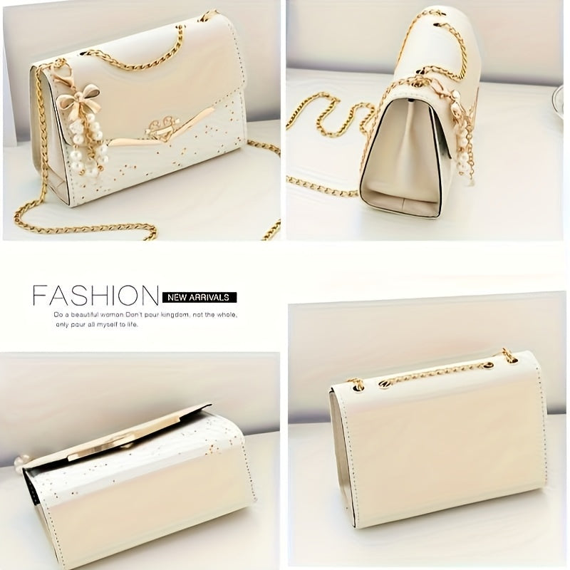 Elegant Sequin and Pearl Embellished Messenger Bag with Golden Chain Strap | Fashion Flip Cover, Adjustable Shoulder Strap, Ideal for Parties and Gifts, White Ivory Color, Magnetic Snap Closure, Dual Large Compartments