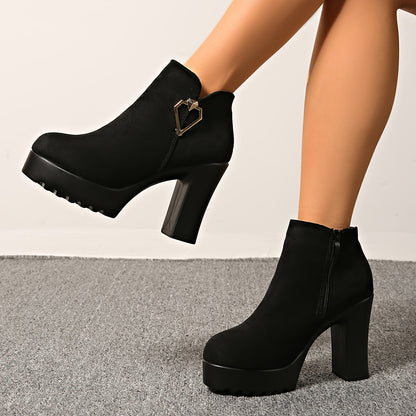 Vintage Style Platform High Heel Ankle Boots with Metal Heart Decoration, Fashionable Versatile Sweet-Cool High Heels, Thick Platform Chunky Heel, Metal Heart Buckle, Convenient Zipper Design, Runs Small One Size