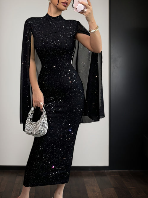 Vestido Justo de Lantejoulas Elegante e Brilhante de Decote Alto para Mulher com Mangas Balão - Vestido de Noite Formal Longo e Brilhante para Festa, Silhueta H-Line Slim Fit