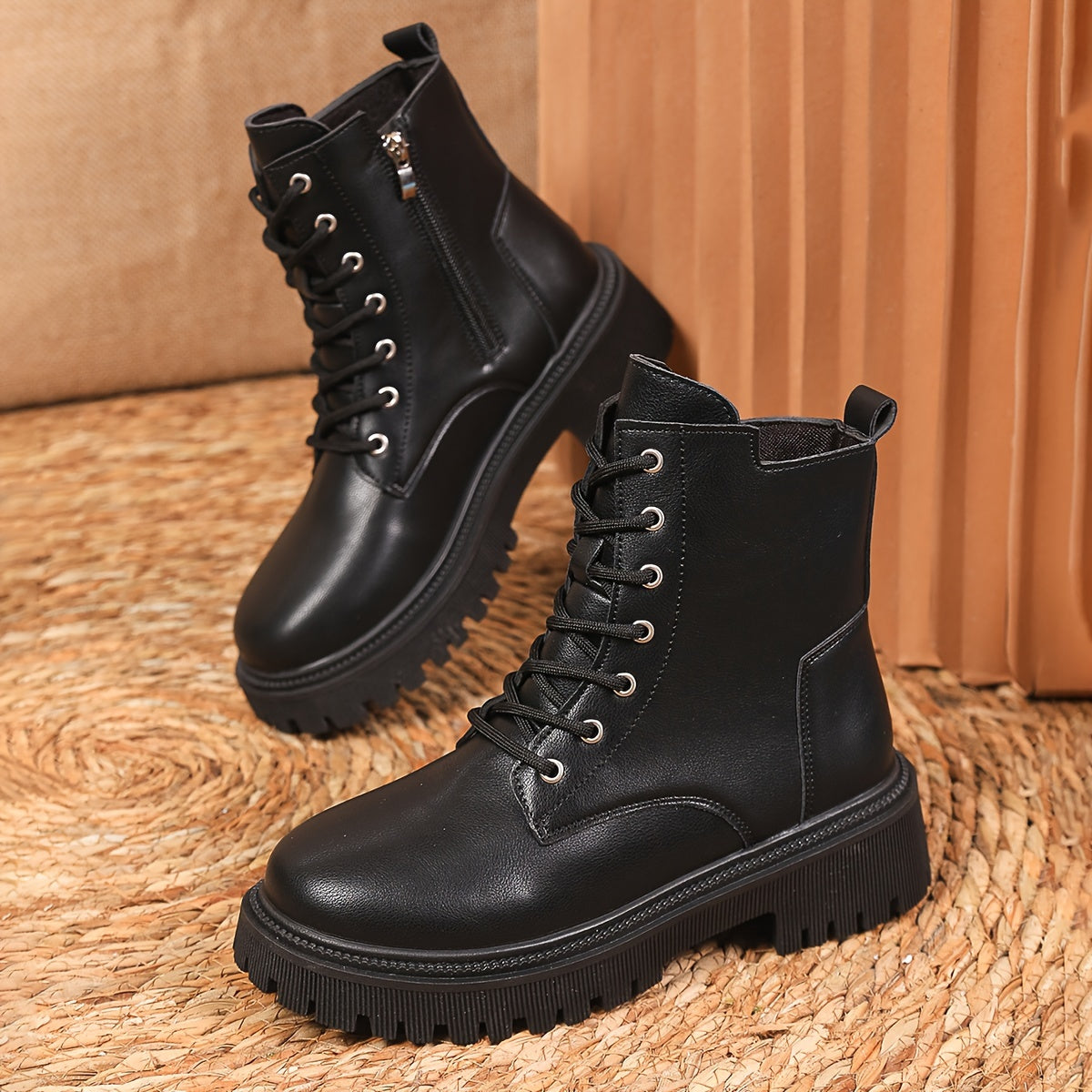 Women's Solid Color Platform Short Boots, Fashion Lace Up Side Zipper Ankle Boots, Women's Comfortable Boots