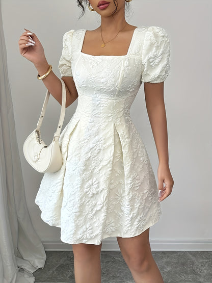 Elegant Floral A-Line Dress – Puff Sleeves & All-Season Chic