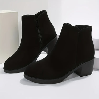 1pr Women's Solid Color Mid Heel Block Boots with Side Zipper, Plain Toe Fabric Upper, TPU Sole, All-Season Comfort Ankle Booties, Casual Footwear|Stylish Zipper Boots|Stable Block Heel