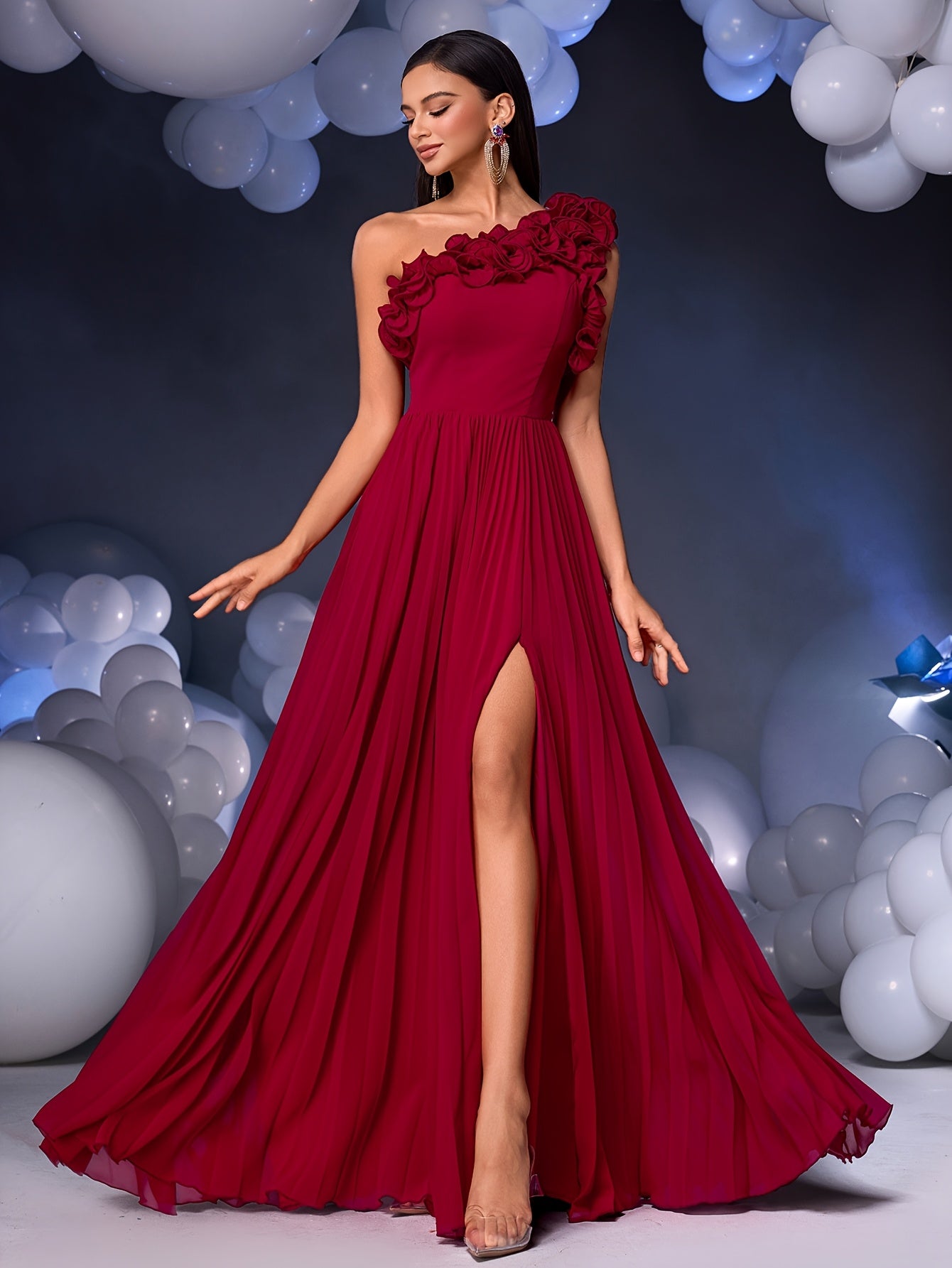 Elegant Wine Red One-Shoulder Pleated Maxi Dress for Women - Sleeveless, Backless, Floor-Length Party & Evening Gown with Belt Detail, Fitted Silhouette, All-Season Wear, Formal Evening Wear | Sophisticated Style | Sophisticated Craftsmanship