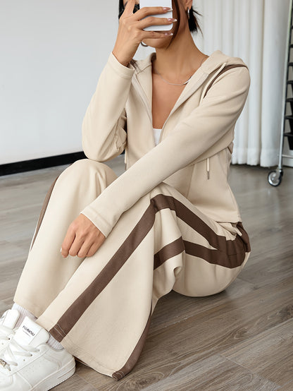 Women'S Casual Spring/Fall Two-Piece Set - Long Sleeve Zip-Up Hoodie & Straight-Leg Pants with Color Block Design, Drawstring Waist, Pockets, and Brown/ Accents, Spring Fall Attire | Color Block Design | Drawstring Waistband