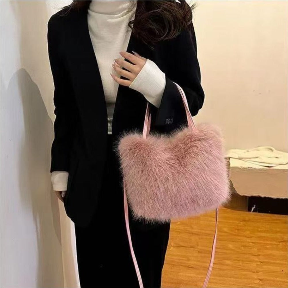 A Plush Women'S Shoulder Bag, a Stylish Autumn And Winter Hand-Held Bucket Crossbody Fur Bag, a Versatile Solid Color Faux Fox Fur Large Capacity Tote Bag, Available in Six Colors Suitable for Daily Commuting, Parties, Christmas, Thanksgiving, And Halloween.
