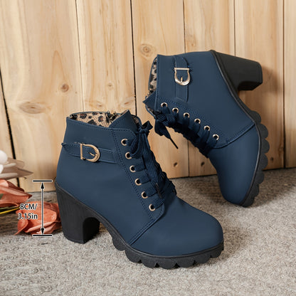 Women's Chunky Platform Ankle Boots - Side Zipper & Lace-Up Closure, Round Toe Boots with Non-Slip Rubber Sole - All-Season Cushioned Interior - Synthetic Cover Shoes in Black, Brown, Navy Green, Burgundy, Blue, Grey - for Casual, Formal, Everyday