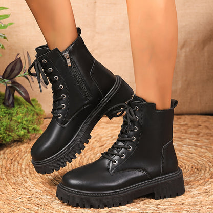 Women's Solid Color Platform Short Boots, Fashion Lace Up Side Zipper Ankle Boots, Women's Comfortable Boots