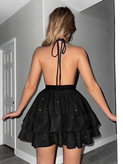 Vestido mini vermelho elegante com decote off-shoulder e franzido para mulheres - Sexy decote em V profundo, design sem costas, saia fluída, perfeito para festas e eventos de primavera/verão, vestido de festa | Textura franzida | Tecido de poliéster