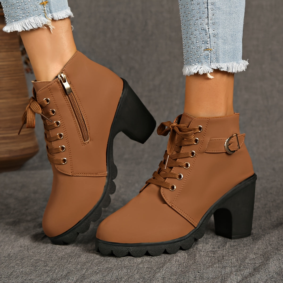 Women's booties - Women's platform wedge boots - non-slip rubber sole - imitation with a zipper closure in the middle heel - all season - winter - party and everyday shoes - inexpensive Women's shoes