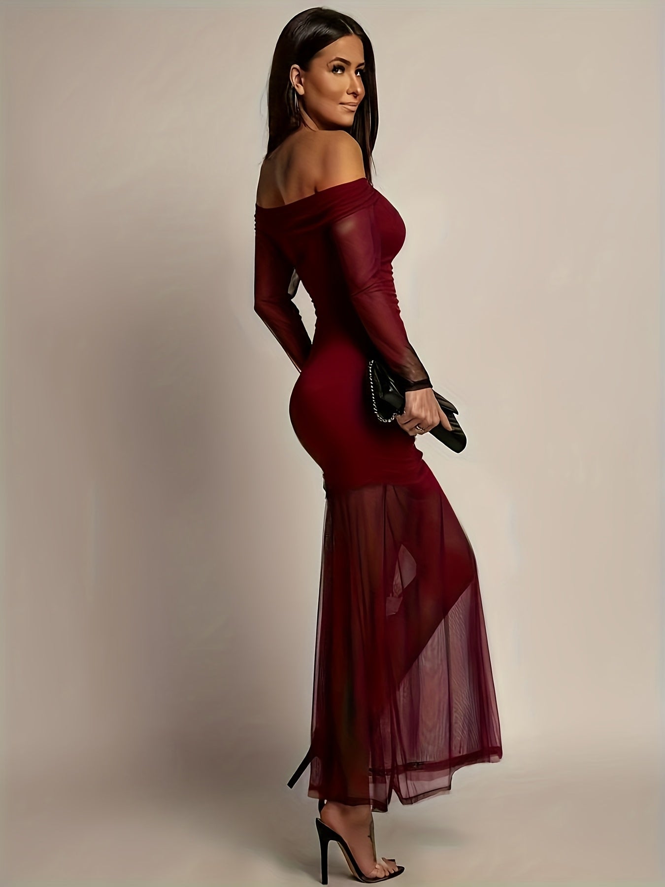 Vestido de Sereia  Sem Alças/Ombro Único - Vestido de Noite Formal Longo com Painéis de Malha Transparente, Decote Alto-Baixo & Mangas Compridas, Trem de Tule Preto Semelhante a Vermelho Lavável à Máquina para Baile, Casamento, Festa - Ajuste Elástico para o Ano Todo