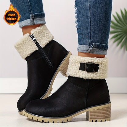 MZMQS Women'S Cozy Fleece-Lined Chunky Heel Ankle Boots - Round Toe Zipper Closure, Thick Warm Winter Boots with Thick Sole for Casual Outings, Brown, Winter Footwear | Chunky Heel Boots | Zipper Closure Boots