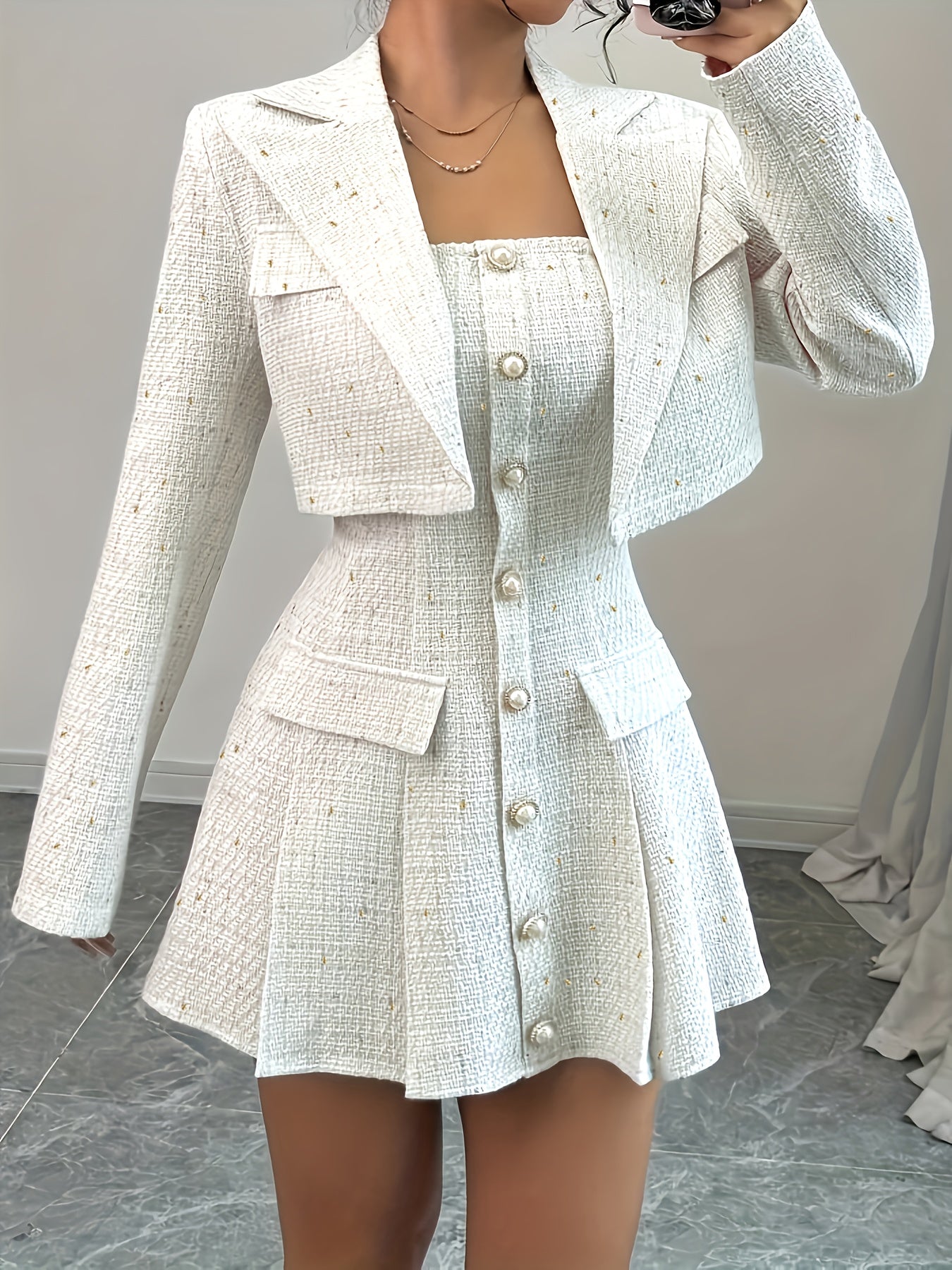 Elegant Solid Color Blazer & Skirt Set – Chic Button-Detail Look