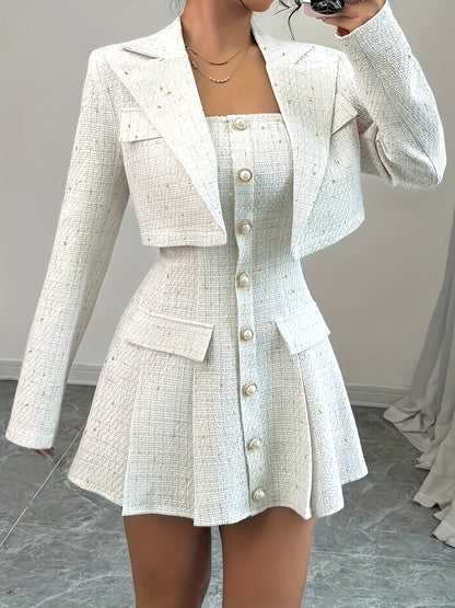 Elegant Solid Color Blazer & Skirt Set – Chic Button-Detail Look