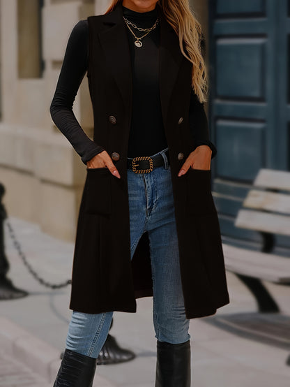 Jaqueta Feminina Elegante de Inverno com Gola e Detalhes de Bolso - Casaco Longo de Cor Sólida para Outono/Inverno, Lavável à Mão, para Looks Casuais ou Formal - Vestuário Externo Feminino (Disponibilidade Imediata)