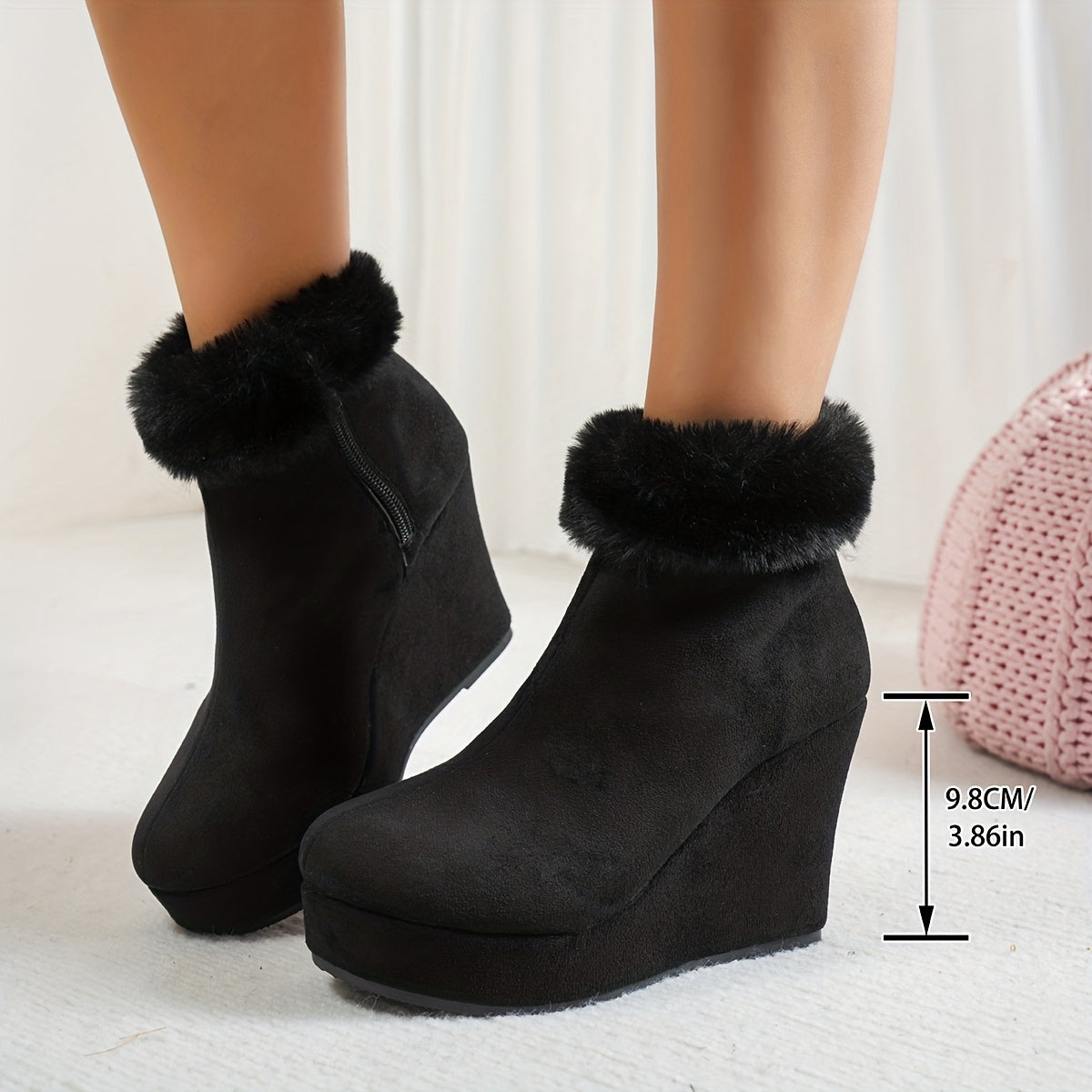 Women'S Winter Ankle Boots with Plush Lining - Cozy Fleece-Lined Round Toe Mid-Heel Zipper Closure, Soft Fabric Upper & Rubber Sole