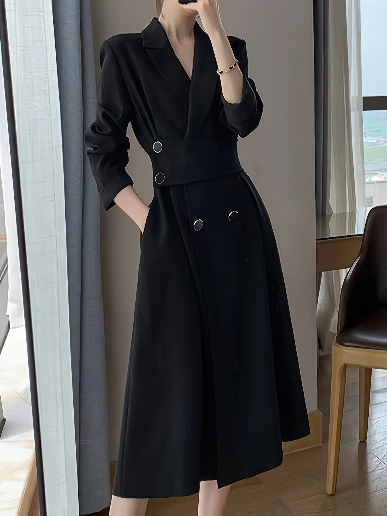Vestido midi preto elegante para mulheres, manga comprida, gola assimétrica, cintura modeladora, poliéster 100%, cor sólida, tecido tecido, 230g/m², perfeito para primavera/verão/outono