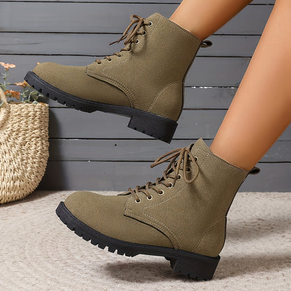 Women'S British Style Black High-Top Ankle Boots - Casual Winter Lace-Up Short Boots with Flat Rubber Sole, Round Toe & Fabric Upper for Casual Attire, Winter Boots, Round Toe Design, Durable Rubber Sole