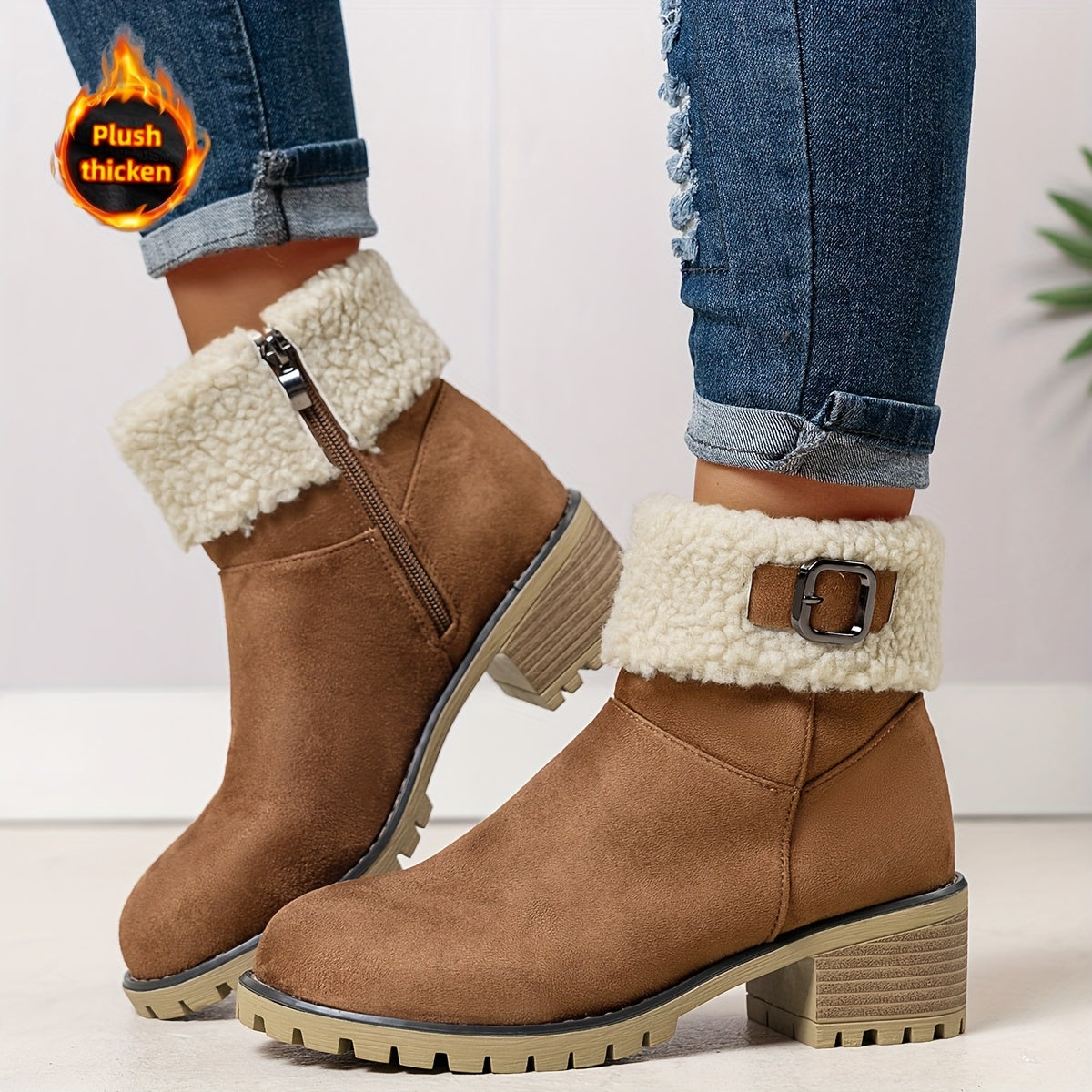 MZMQS Women'S Cozy Fleece-Lined Chunky Heel Ankle Boots - Round Toe Zipper Closure, Thick Warm Winter Boots with Thick Sole for Casual Outings, Brown, Winter Footwear | Chunky Heel Boots | Zipper Closure Boots