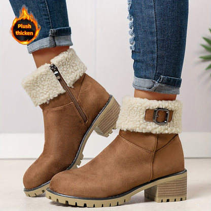 MZMQS Women'S Cozy Fleece-Lined Chunky Heel Ankle Boots - Round Toe Zipper Closure, Thick Warm Winter Boots with Thick Sole for Casual Outings, Brown, Winter Footwear | Chunky Heel Boots | Zipper Closure Boots