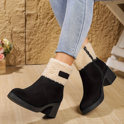 Women'S Elegant Western-Style Chunky Heel Ankle Boots with Side Zipper & Plush Faux Fur Lining - Thick Rubber Sole, Round Toe, Fabric Upper for Winter Comfort & Casual Outfits, Winter Footwear, Round Toe Boot, Durable Rubber Sole, Fabric Construction, Warm Lining, Fashion Women