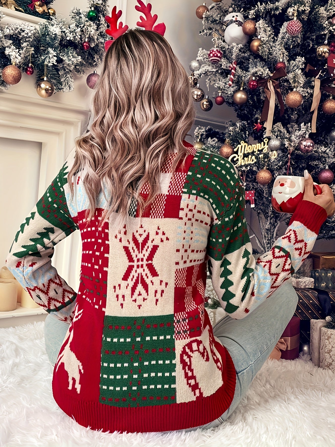 Women'S Christmas Sweater - Red, Green, Brown, Navy, Golden, Poinsettia & Snowflake Patterns - Cozy Long Sleeve Pullover for Christmas, Parties, Everyday Outfits - Festive Holiday Clothing, Christmas Sweaters