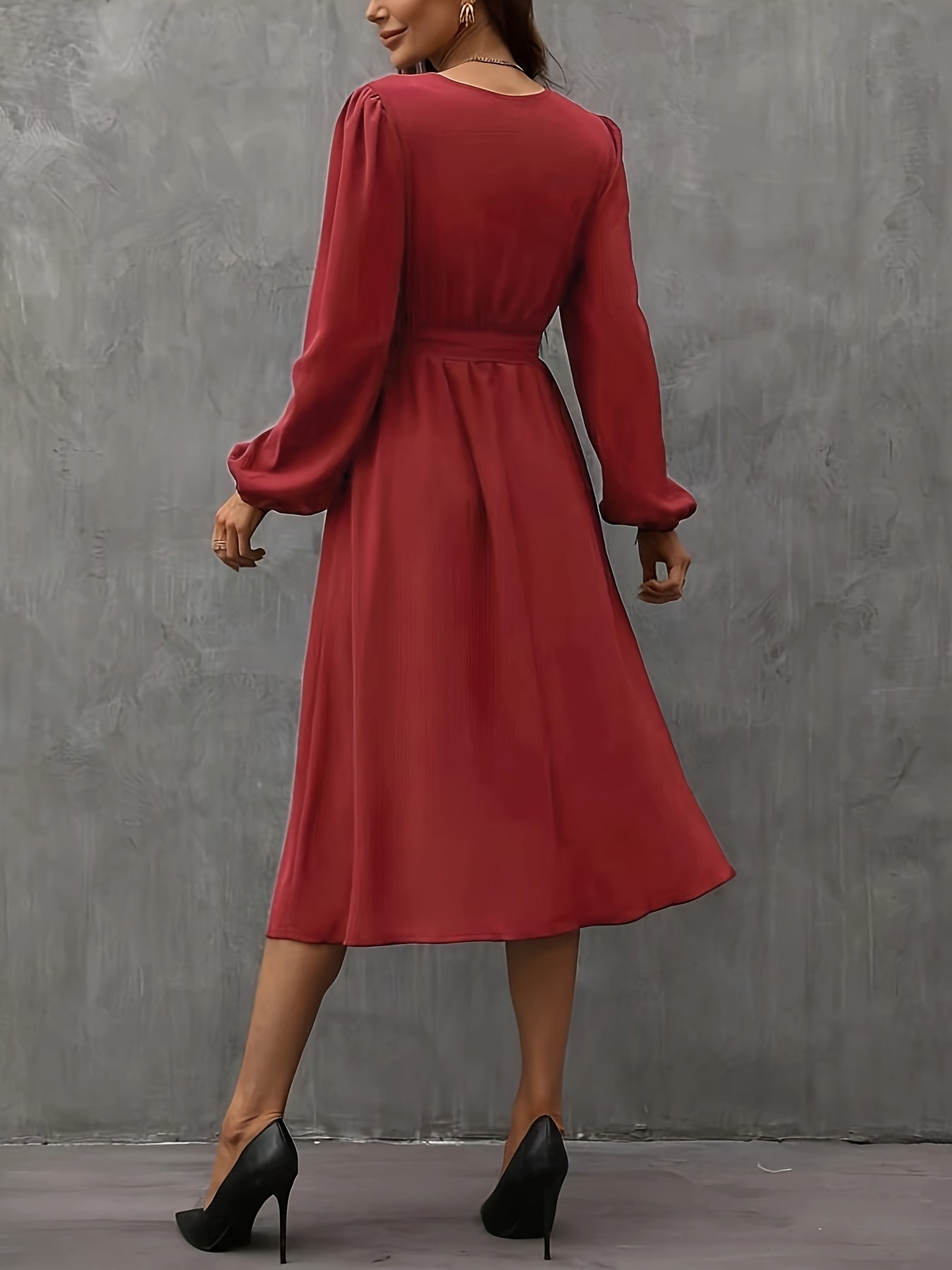 Women'S French Vintage Burgundy V-Neck Dress with Ruffled Sleeves & Waist Tie - Elegant A-Line Party Wedding Guest Dress, Flattering Fit for Christmas Gala