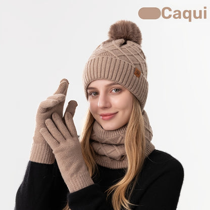 Conjunto de 3 peças para adolescentes: gorro, luvas e cachecol tricotados de inverno, proteção contra vento, touca sem aba, lenço quente, luvas touchscreen - ideal para encontros ao ar livre, festas e presentes de Natal